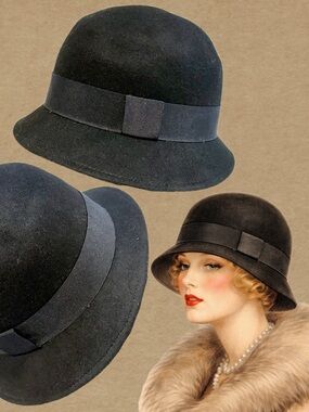 VINTAGE wool hat bowler cloche narrow brim dressy church Edwardian flapper women